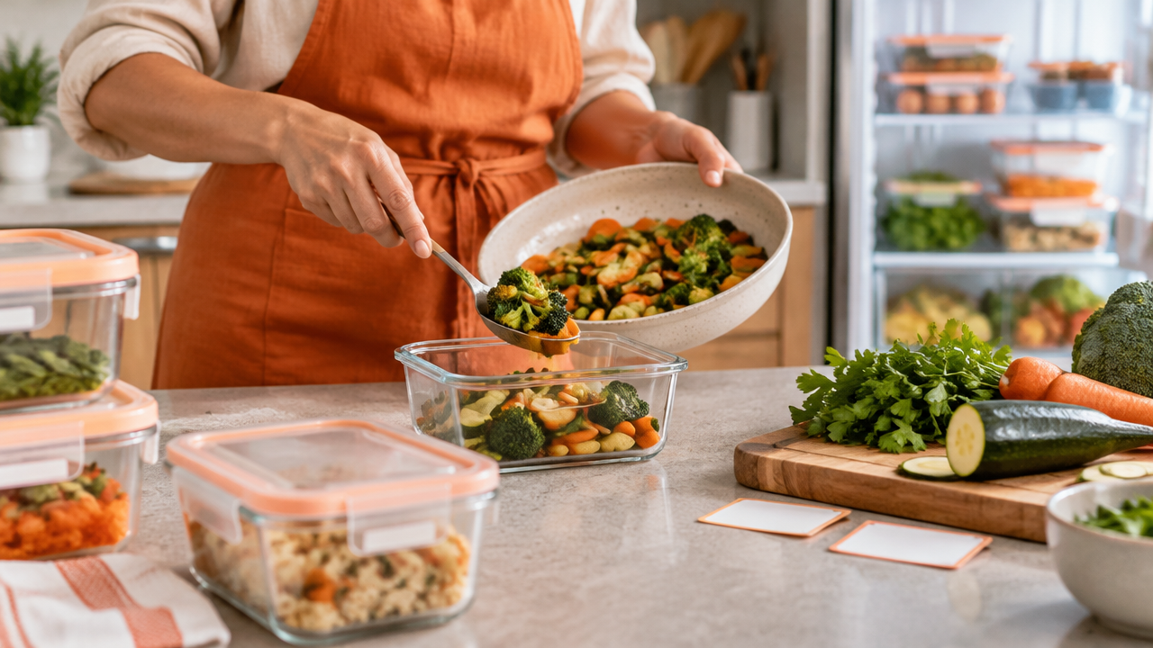 Pessoa porciona sobras de legumes em recipiente transparente para guardar na geladeira