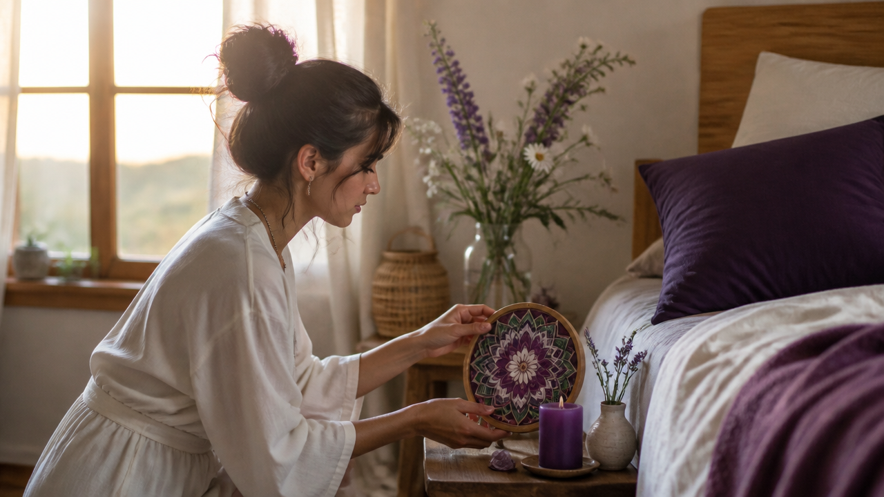Pessoa posicionando uma mandala floral no quarto em um momento de energização e autocuidado
