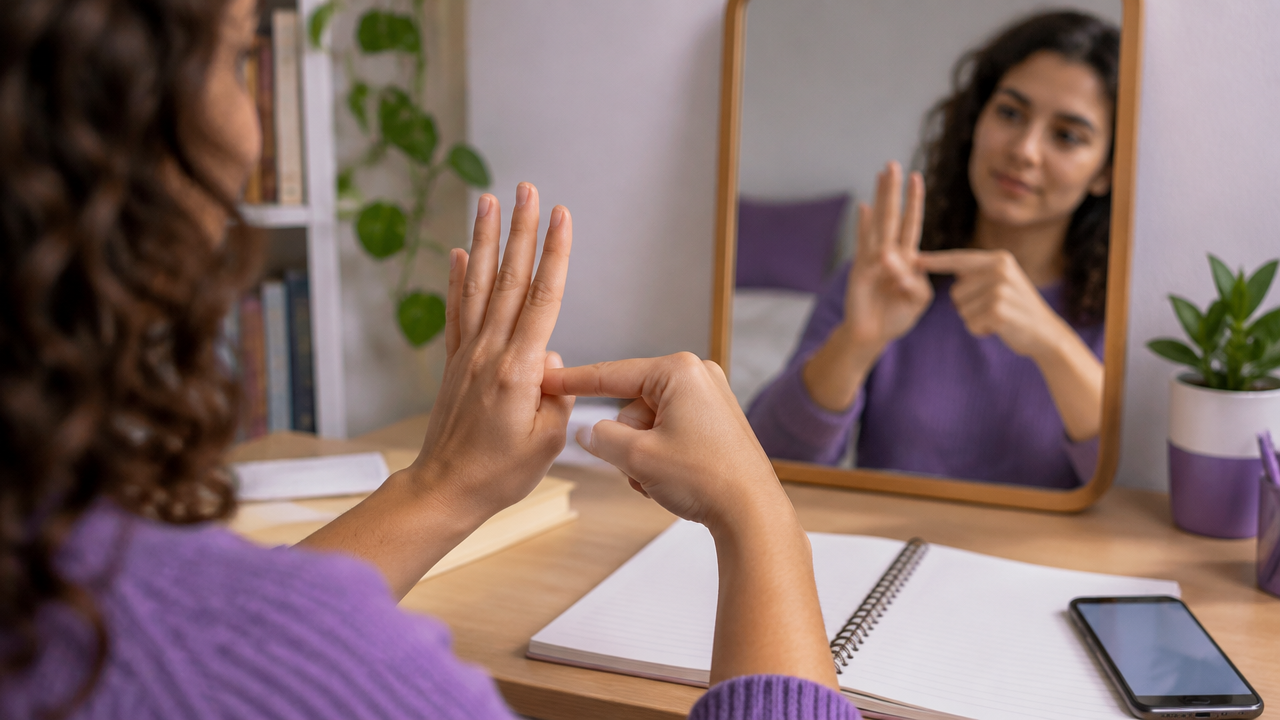 Pessoa pratica configurações de mão diante do espelho durante o estudo de Libras
