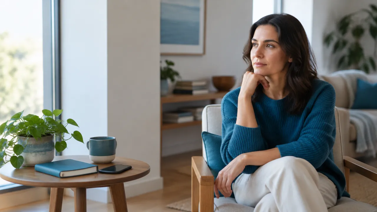 Pessoa praticando atenção plena em ambiente tranquilo, com distrações cotidianas discretas ao redor