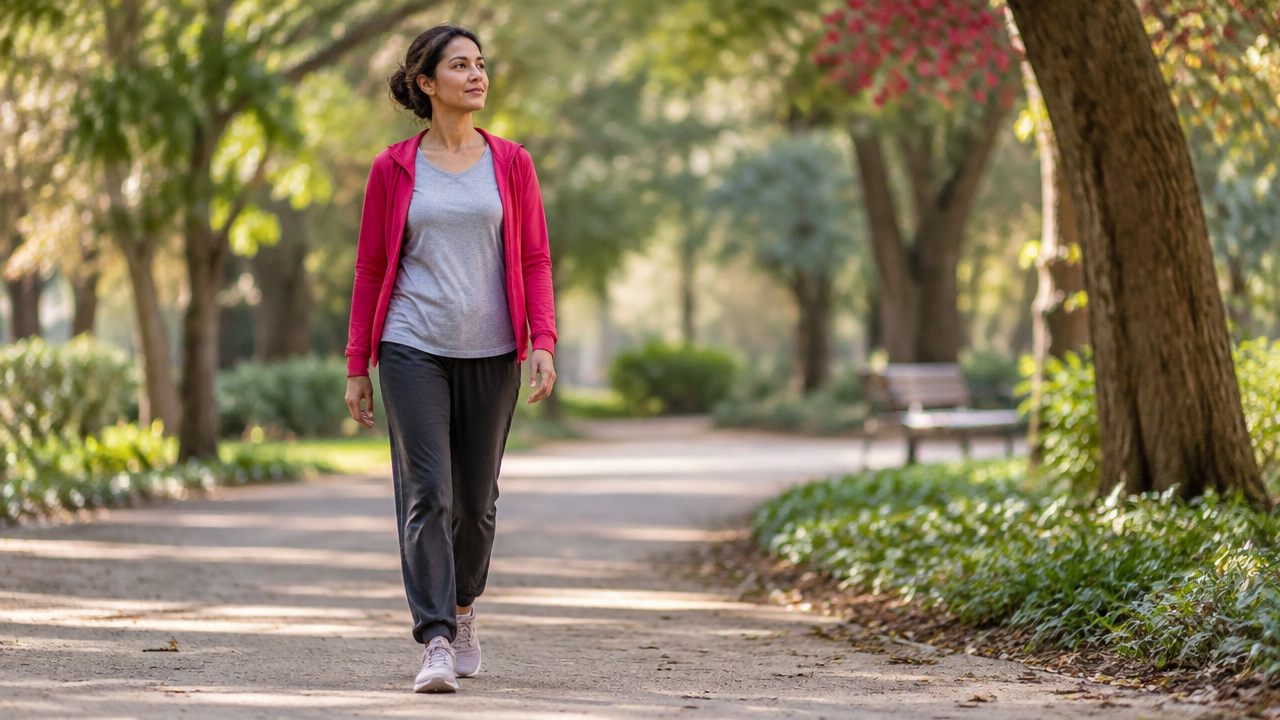 Pessoa praticando caminhada meditativa em um parque tranquilo, uma alternativa à meditação sentada.