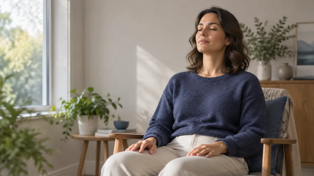 Pessoa praticando meditação mindfulness sentada perto de uma janela, com atenção tranquila à respiração