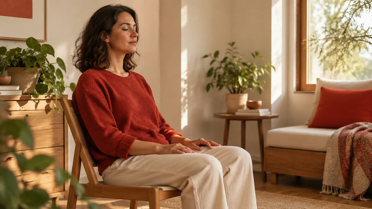 Pessoa praticando meditação sentada numa cadeira em casa, com os olhos fechados e postura relaxada
