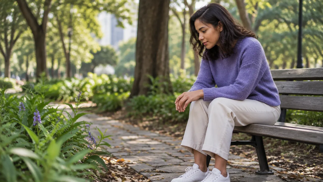 Pessoa praticando presença consciente em um parque, com os pés apoiados no chão e atenção ao ambiente.