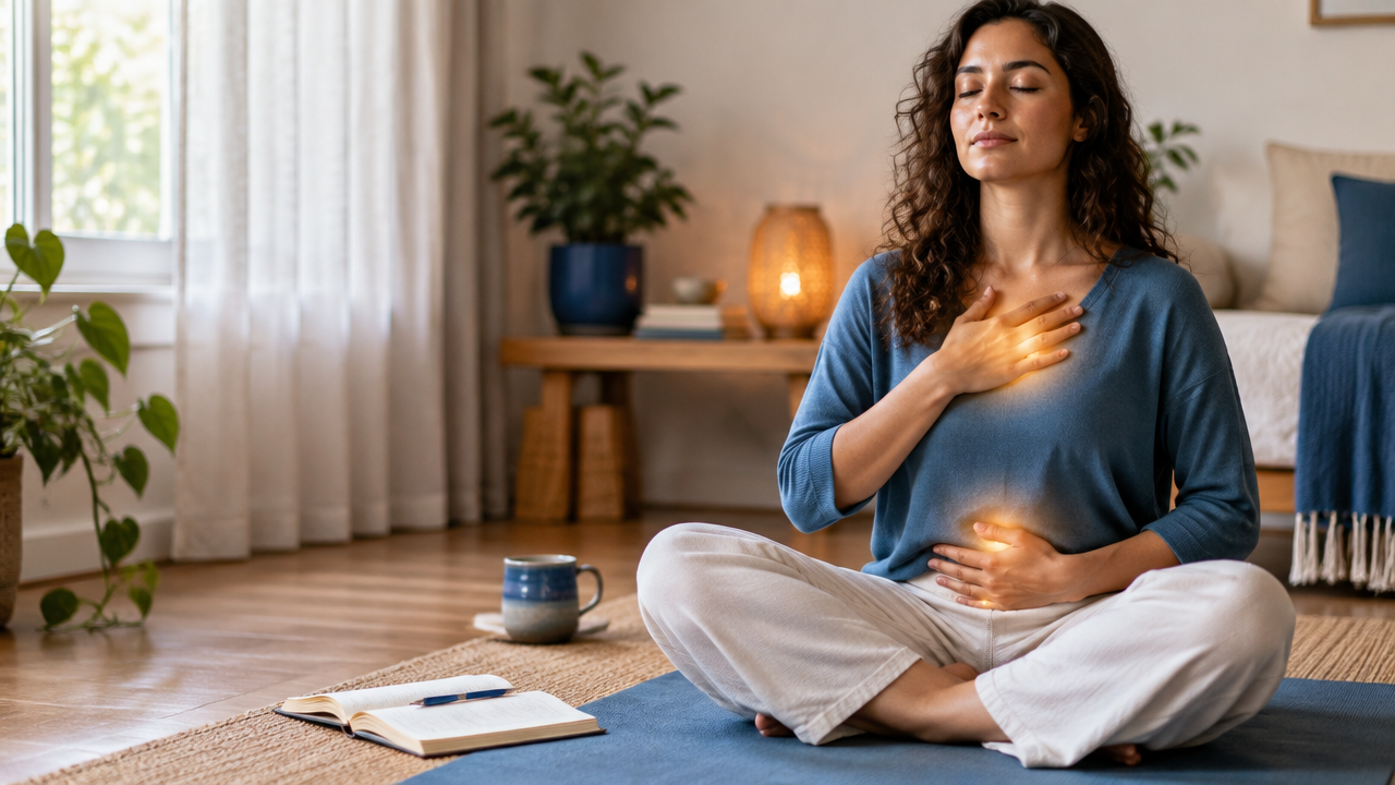 Pessoa praticando respiração consciente e anotando reflexões em um caderno em ambiente tranquilo.