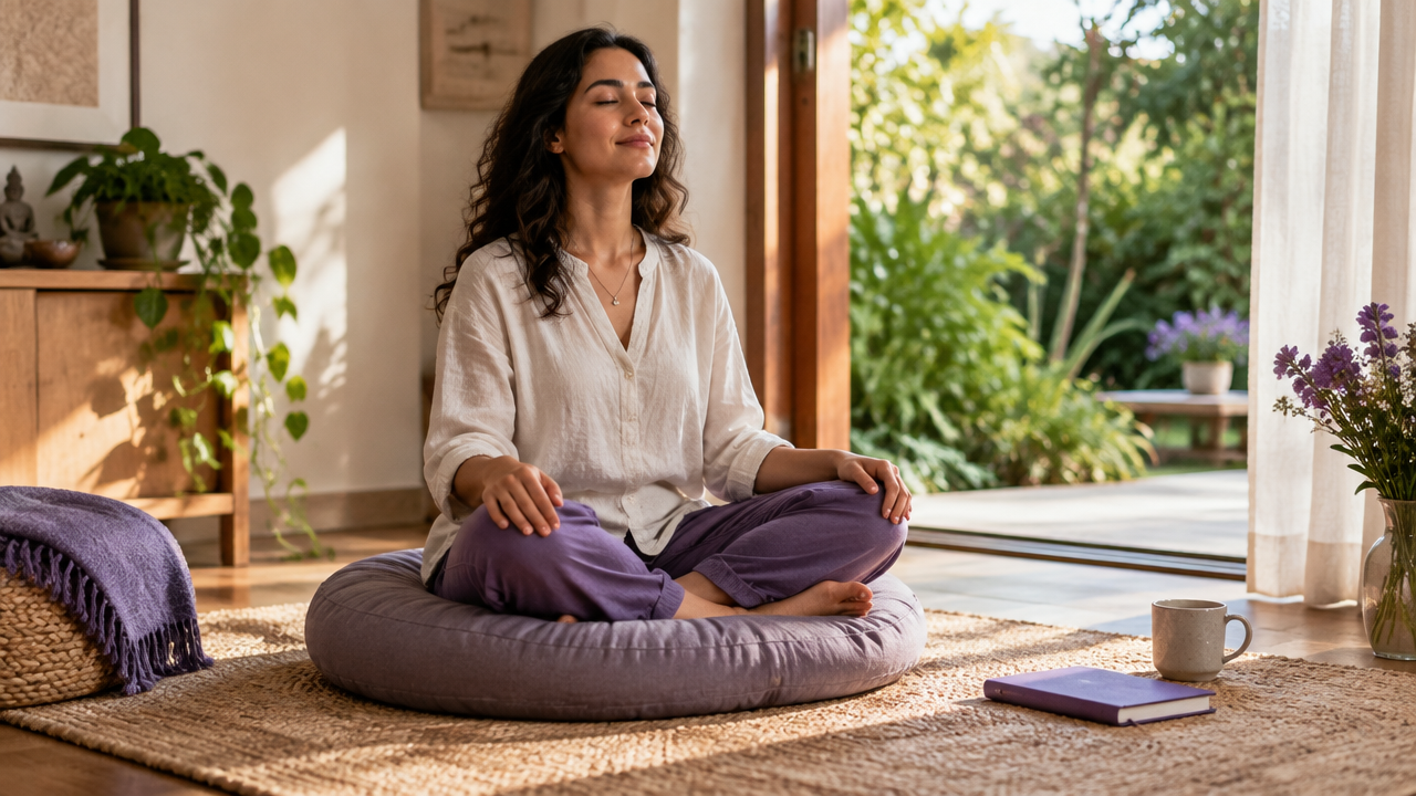 Pessoa praticando respiração consciente perto de uma janela como exercício de autocuidado