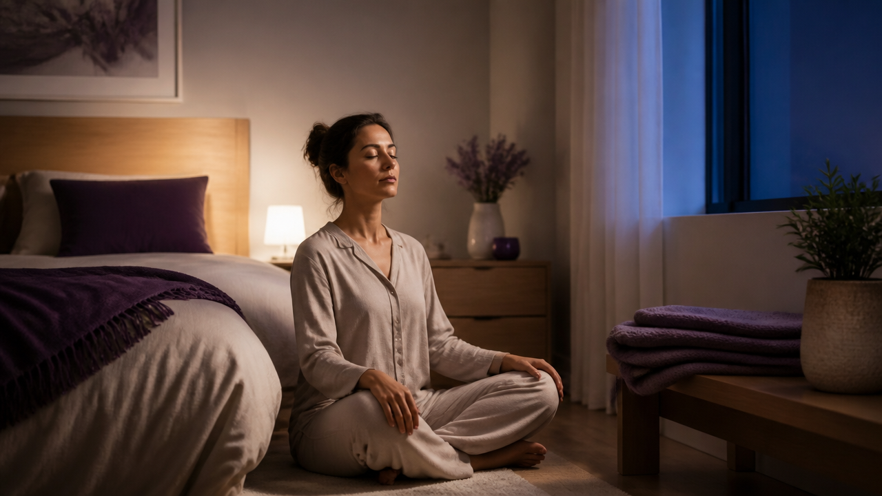 Pessoa praticando respiração e meditação no quarto antes de dormir
