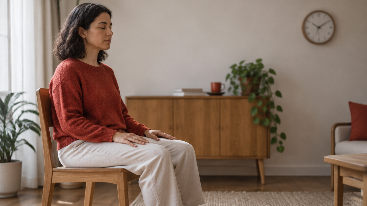 Pessoa praticando uma meditação breve sentada em uma cadeira e observando a respiração