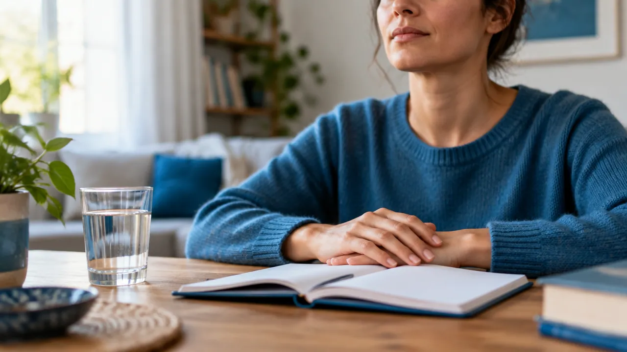 Pessoa praticando uma pausa de respiração consciente junto a um caderno durante um período de estresse