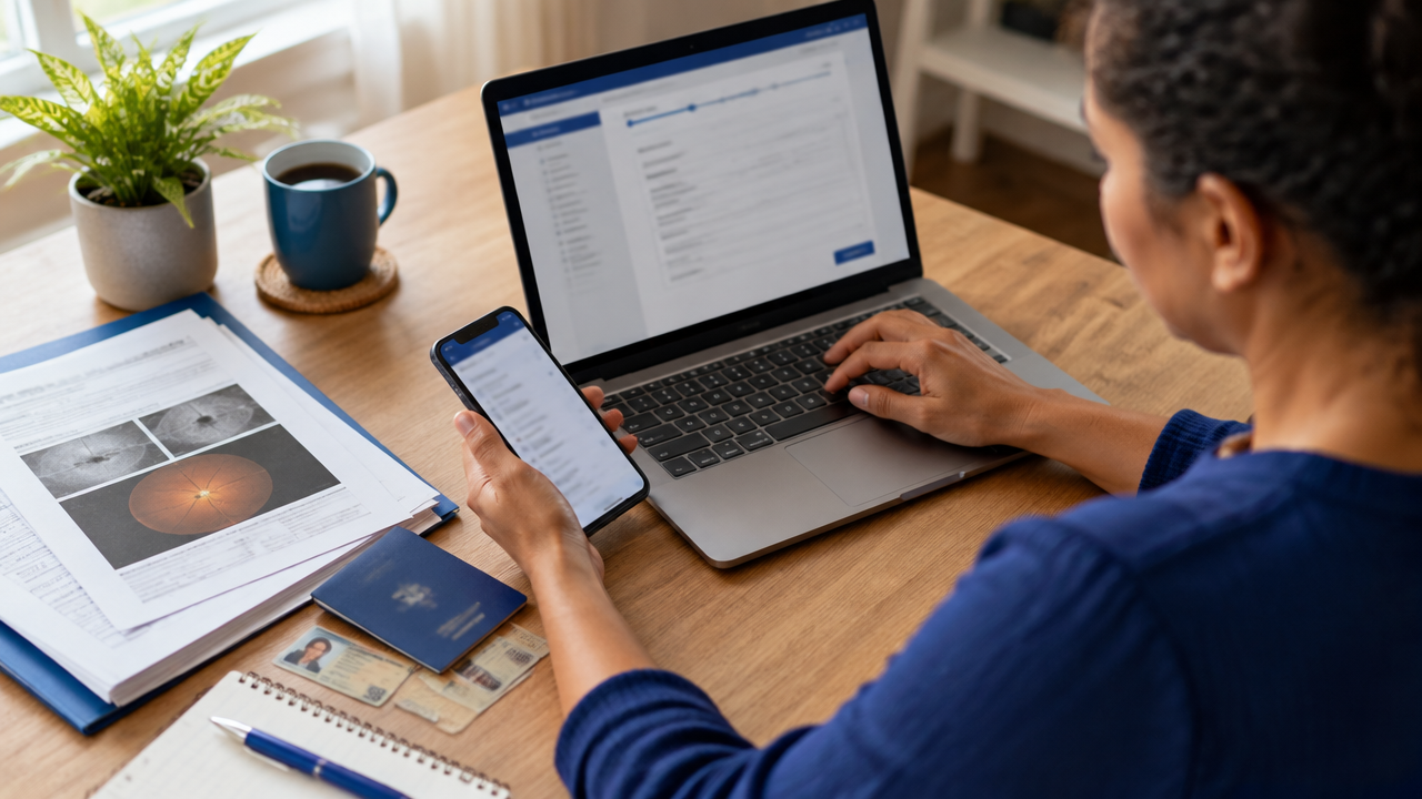 Pessoa preparando pela internet o pedido do BPC com laudos e documentos organizados