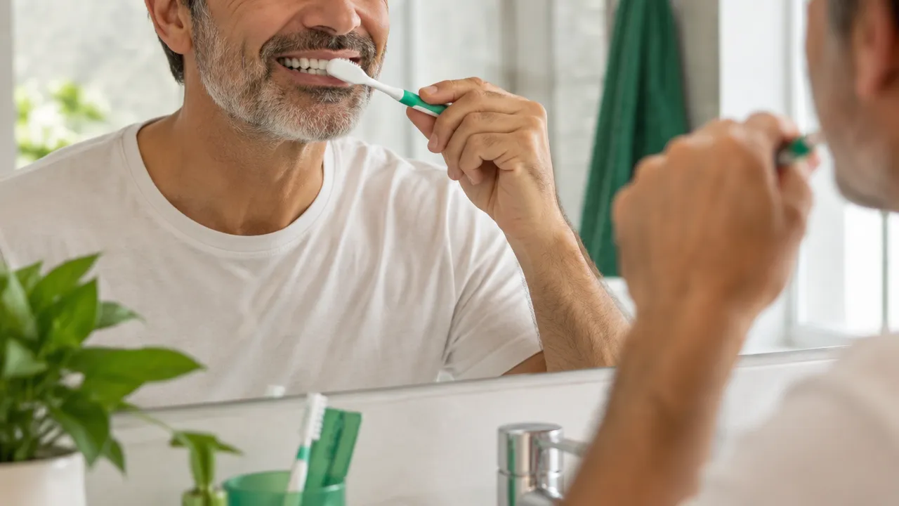 Pessoa realiza higiene cuidadosa ao redor de prótese fixa sobre implantes com escova e irrigador oral