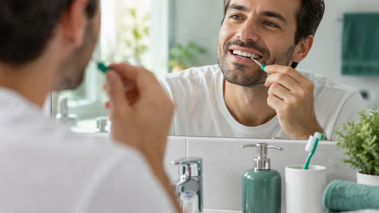 Pessoa realiza higiene entre os dentes com uma escova interdental em casa