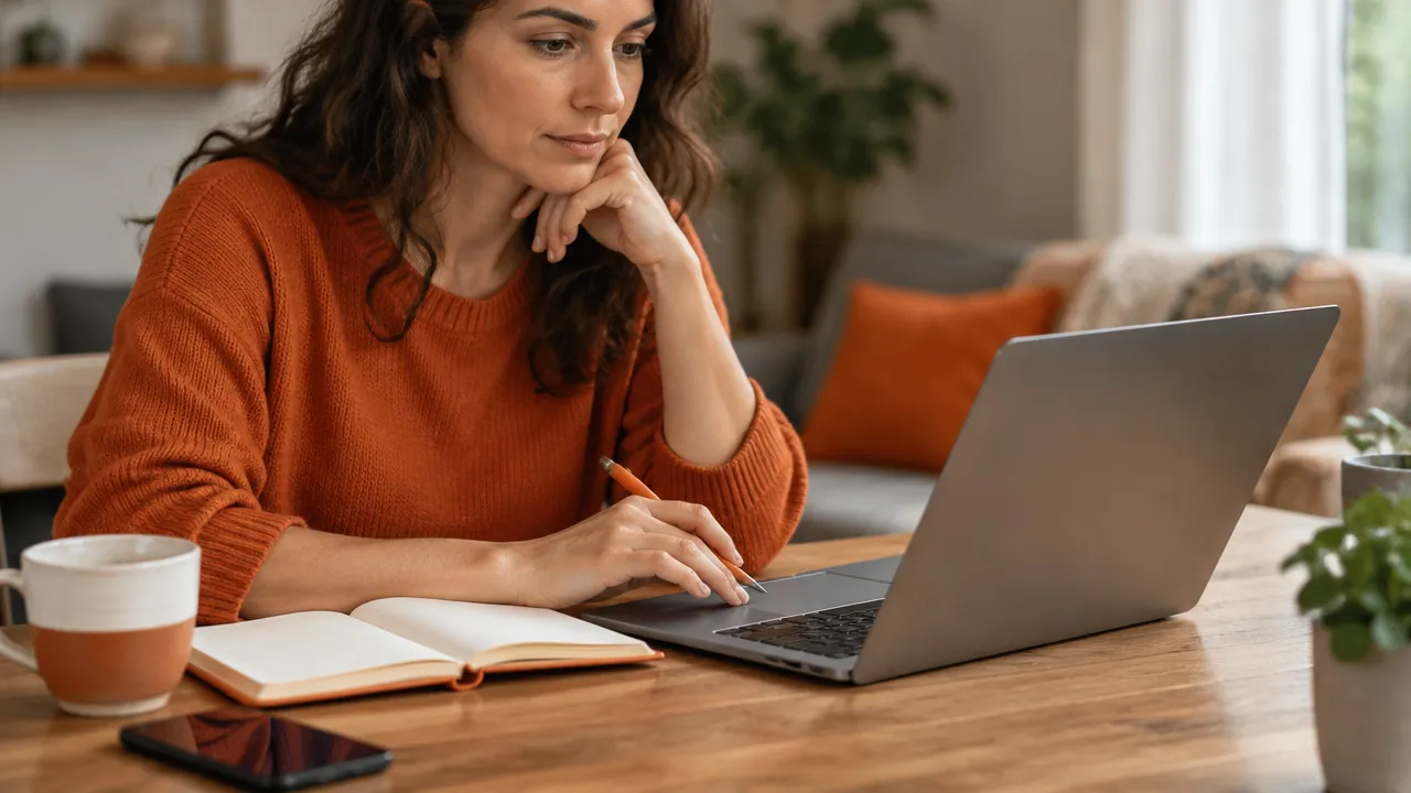 Pessoa realizando uma pequena ação de coragem no computador e registrando a experiência em um caderno