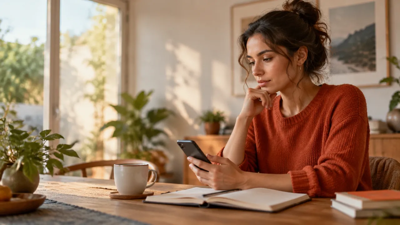Pessoa pausa antes de responder a uma mensagem, com um caderno aberto sobre a mesa, em uma cena de reflexão e autoconhecimento.