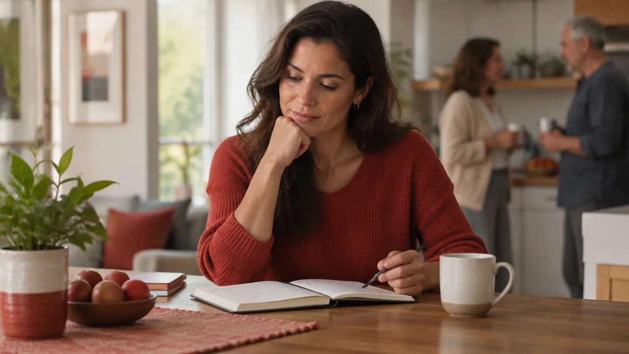 Pessoa refletindo diante de um caderno enquanto familiares aparecem desfocados ao fundo, numa cena de discernimento sobre responsabilidade e expectativas.