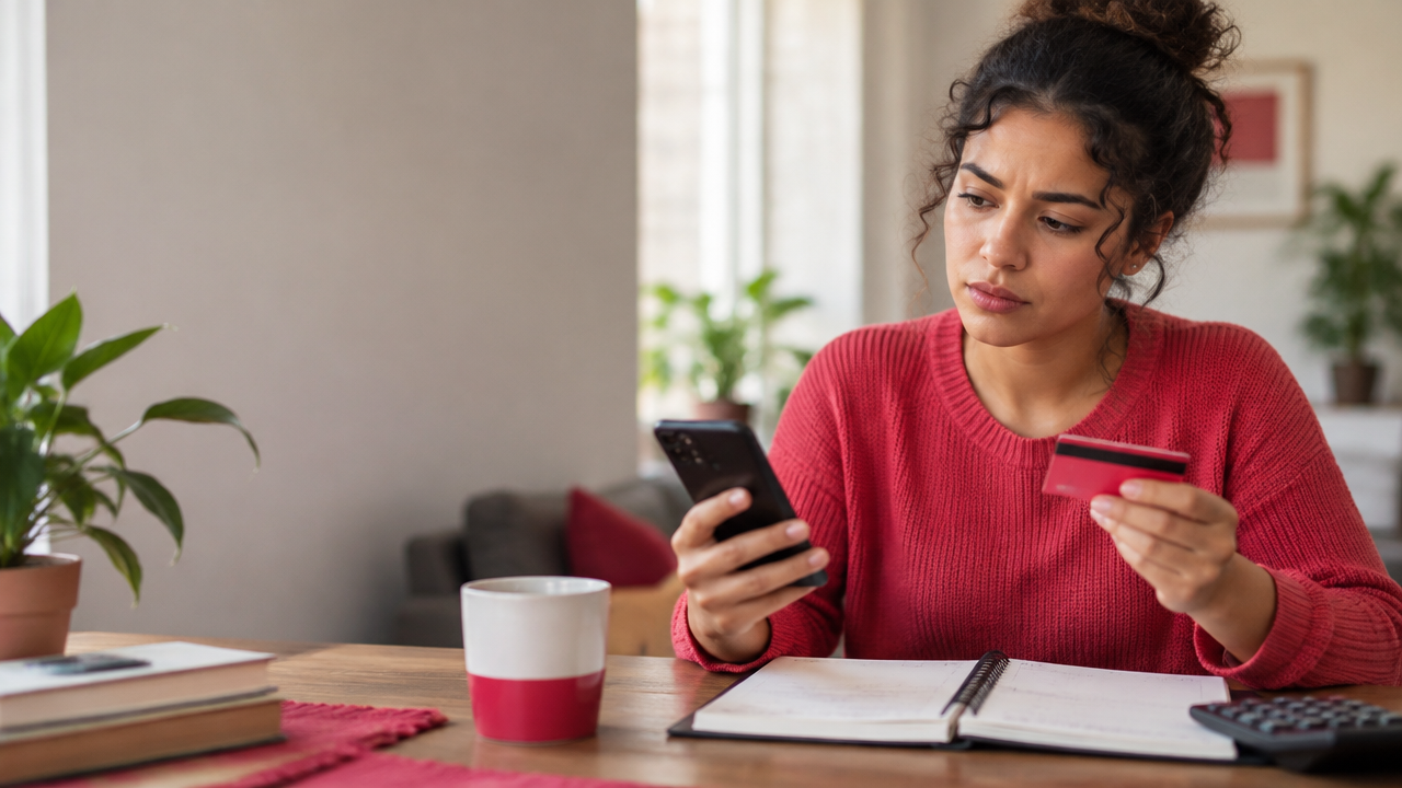 Pessoa refletindo diante do celular e de um caderno de orçamento antes de tomar uma decisão financeira