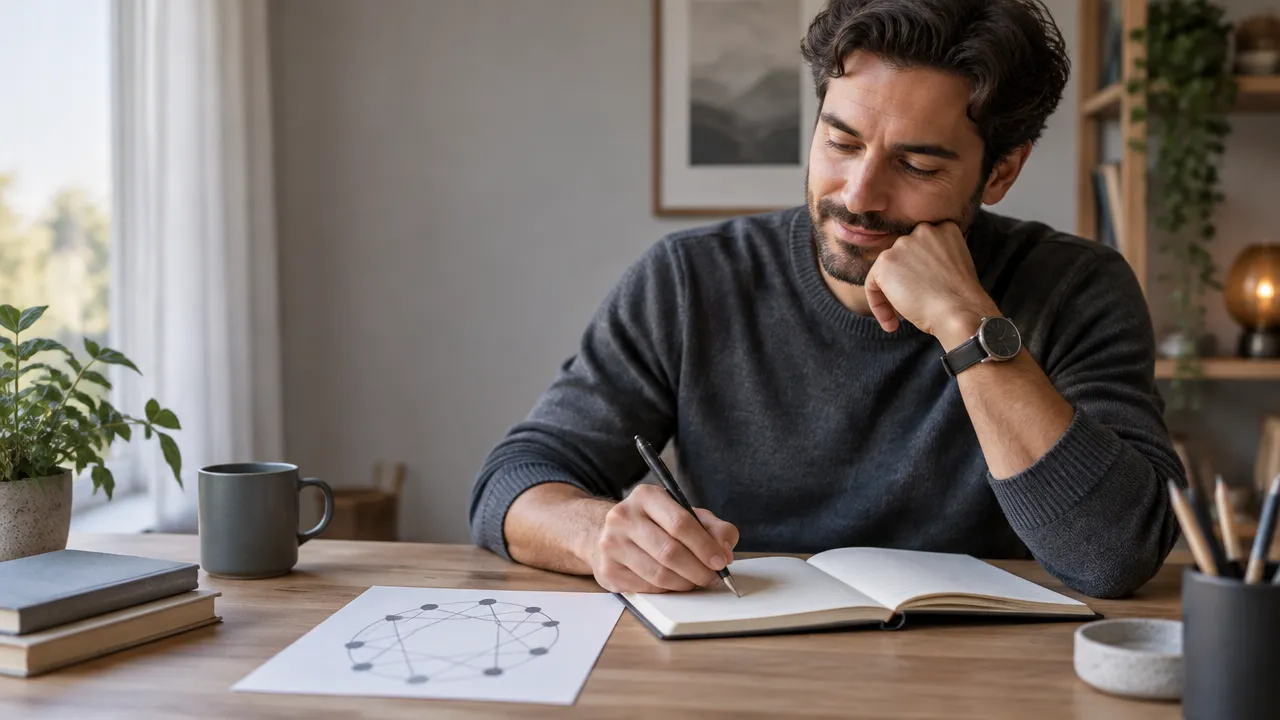 Pessoa refletindo e escrevendo em um caderno ao lado de um diagrama abstrato de nove pontos conectados
