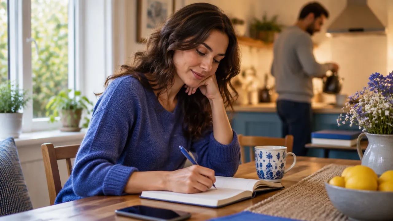 Pessoa refletindo e escrevendo em um caderno em casa, com alguém próximo ao fundo