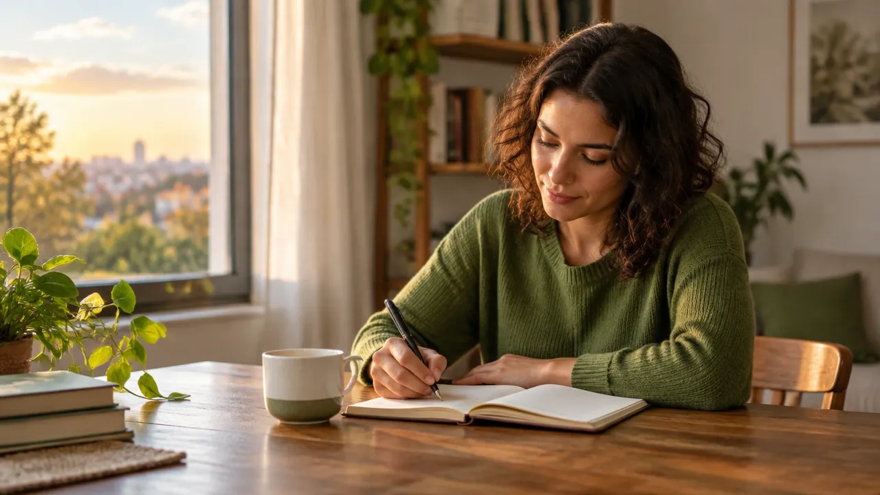 Pessoa refletindo e escrevendo em um caderno junto à janela, organizando valores e próximos passos em um momento difícil.