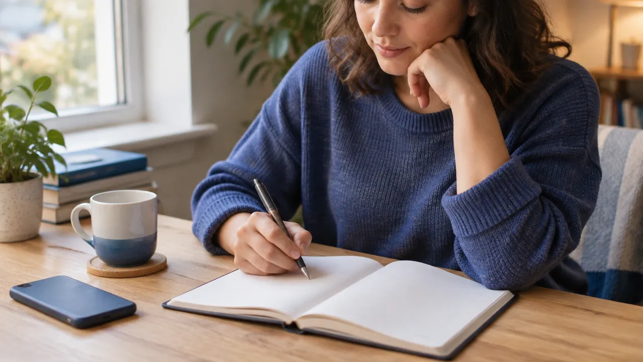 Pessoa refletindo e registrando no caderno suas próprias definições de sucesso e felicidade