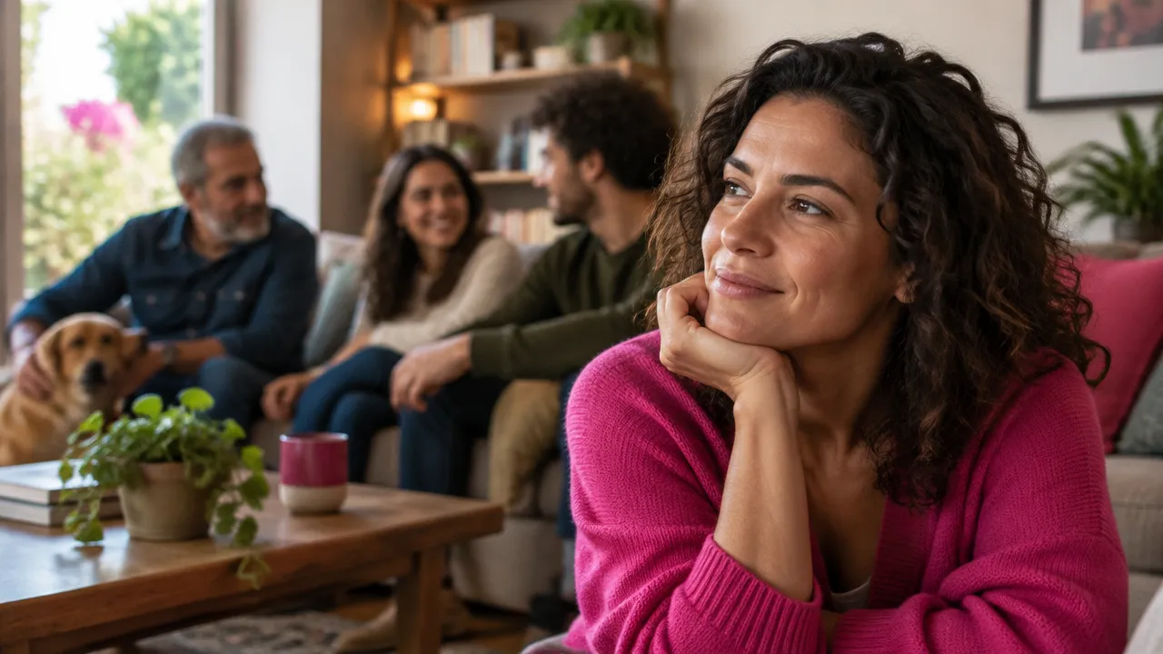 Pessoa refletindo em primeiro plano enquanto familiares conversam ao fundo, representando a influência dos vínculos na psicologia sistêmica
