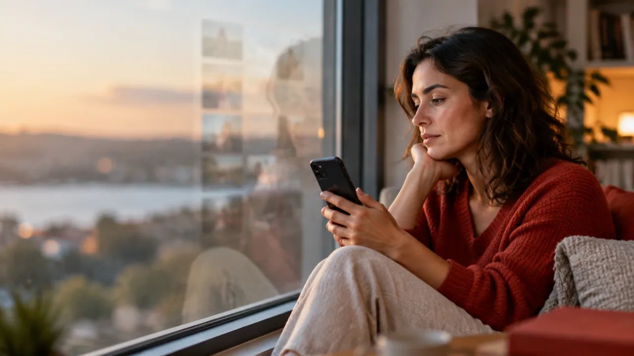 Pessoa refletindo sobre a influência das crenças e emoções ao usar as redes sociais no celular