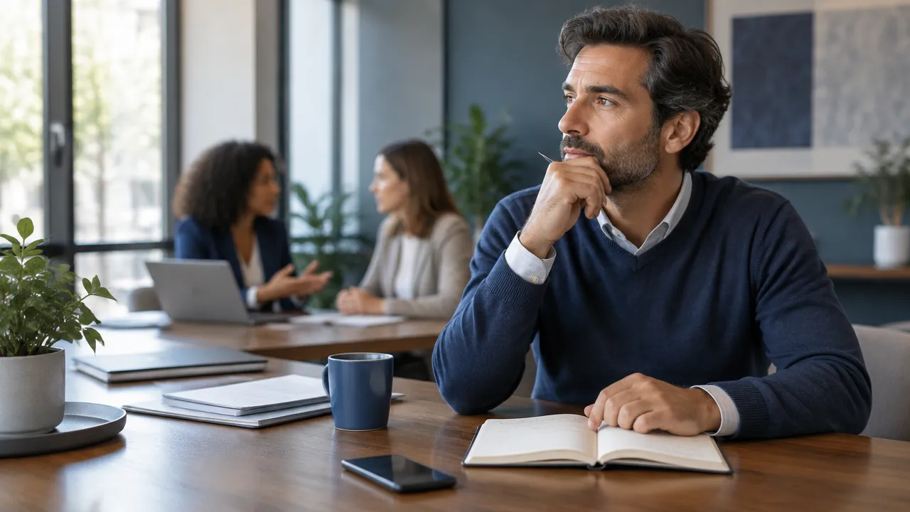 Pessoa refletindo sobre uma decisão responsável durante uma reunião de trabalho