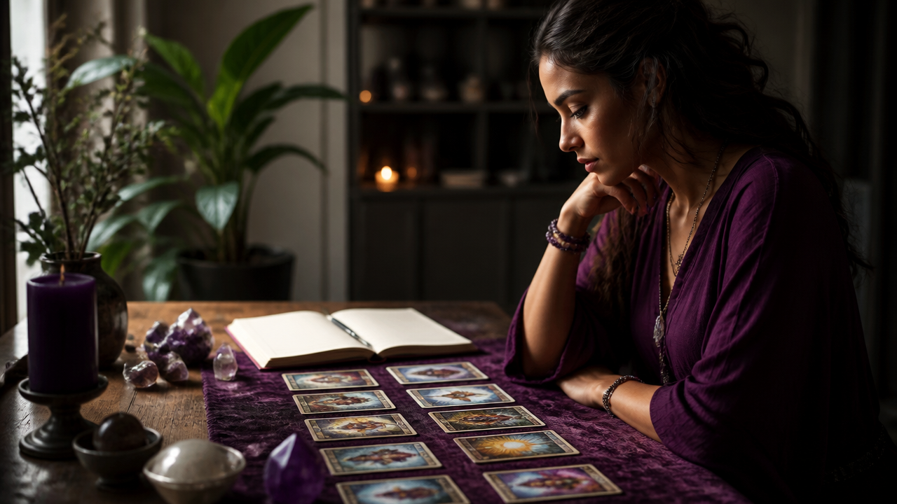Pessoa refletindo sobre uma tiragem de tarot com caderno de anotações ao lado