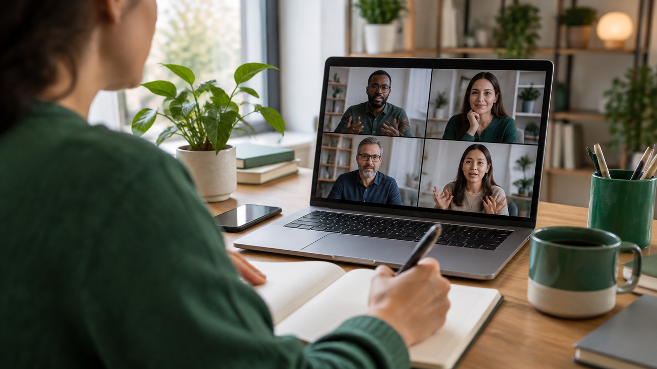 Pessoa registra decisões e responsáveis durante uma conversa virtual respeitosa entre colegas de diferentes áreas.