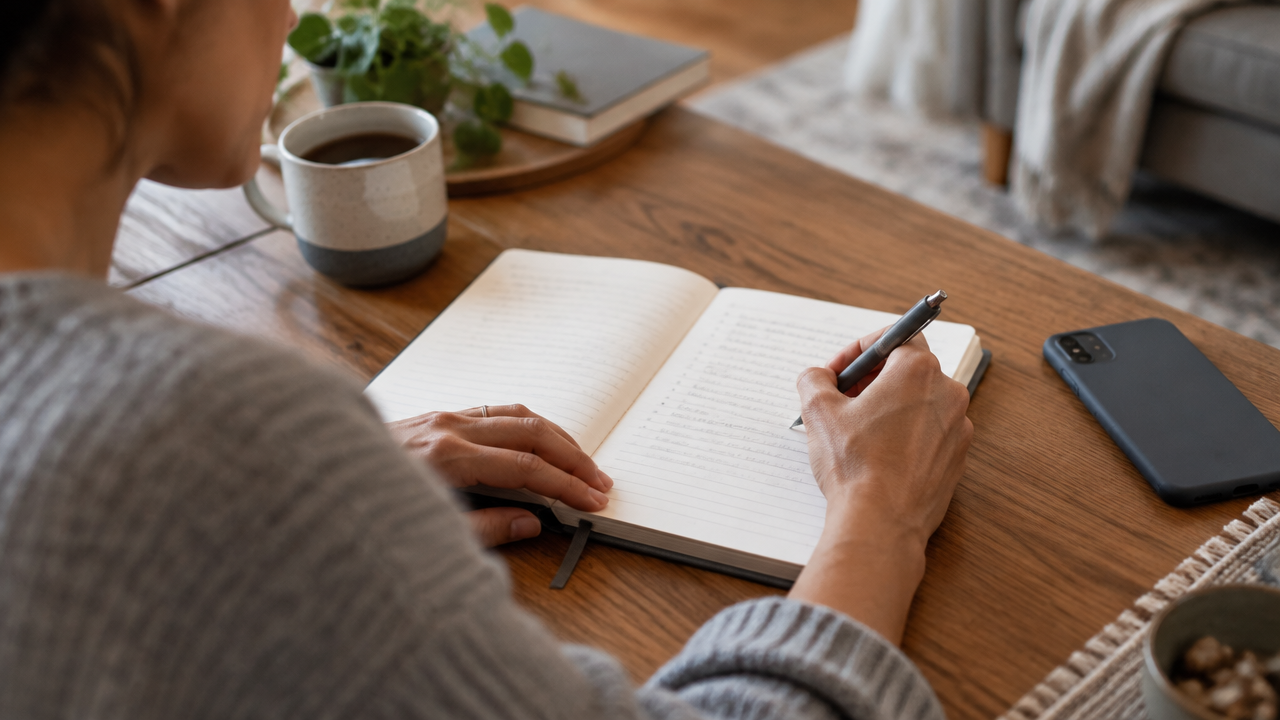 Pessoa registra em um caderno a situação, a emoção e uma resposta alternativa após um conflito.