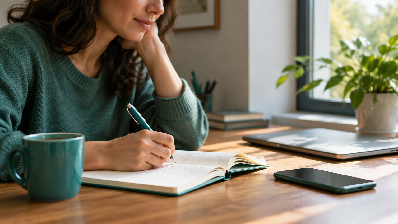 Pessoa registra em um caderno como se sente após uma pausa consciente das telas