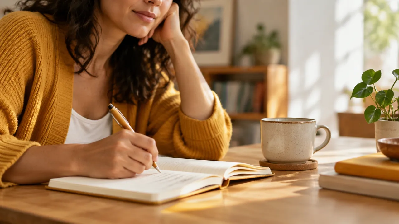Pessoa registra em um caderno emoções e reações do dia como exercício de autoconsciência