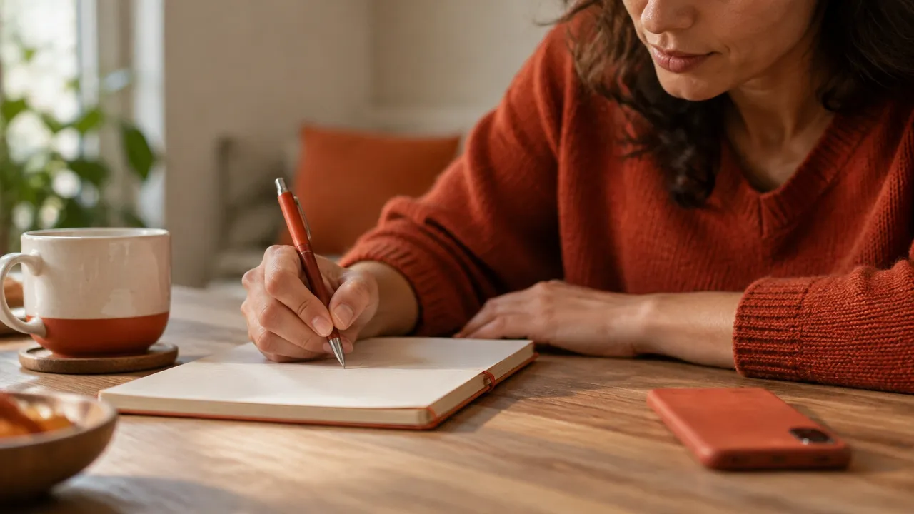 Pessoa registra em um caderno o pensamento que surgiu antes de reagir