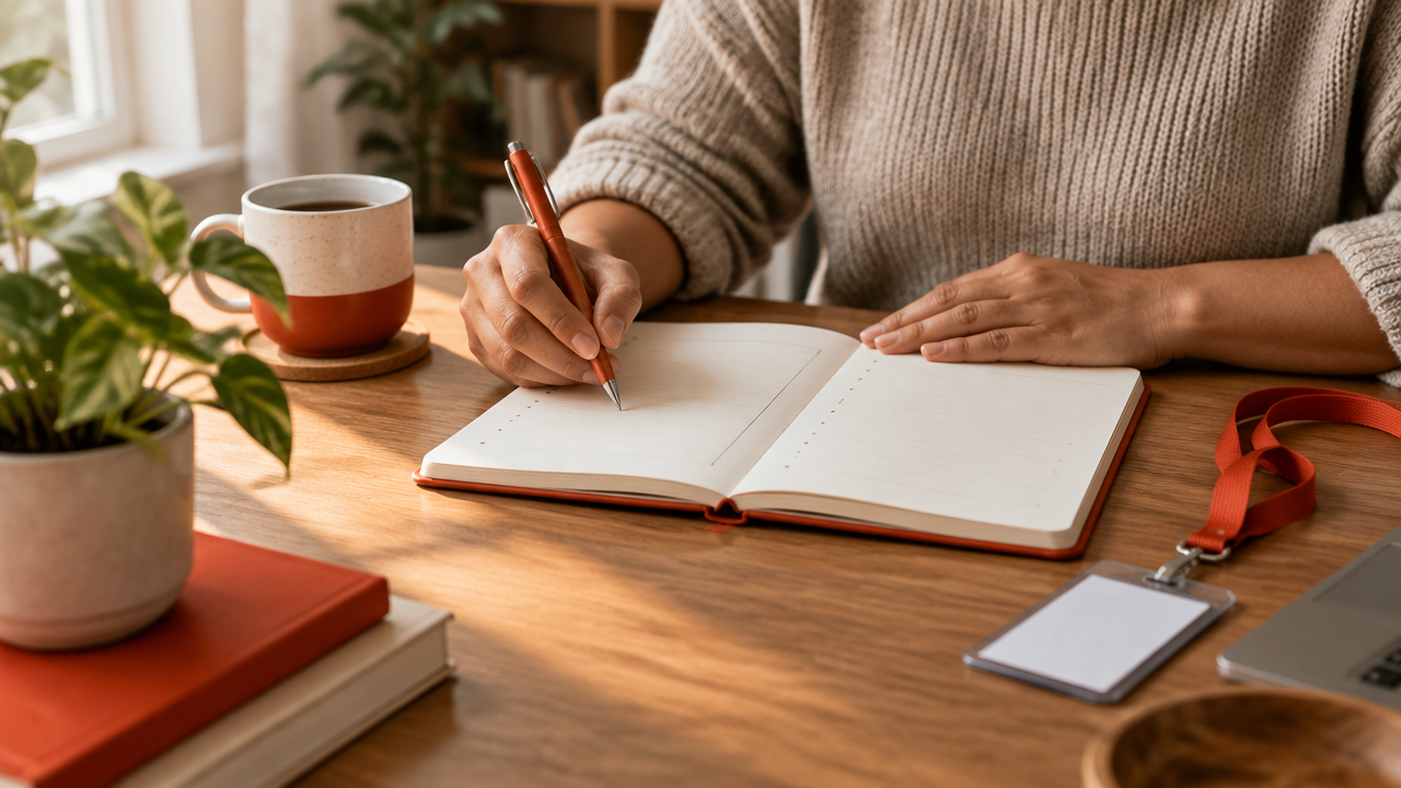 Pessoa escreve num caderno o que deseja deixar para trás e levar consigo numa mudança profissional