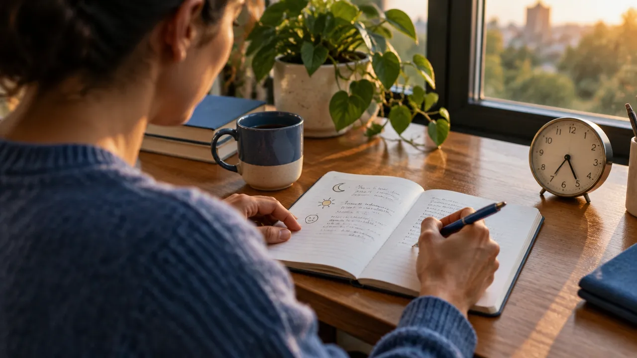 Pessoa registra em um caderno padrões de sono, energia e humor junto a uma janela