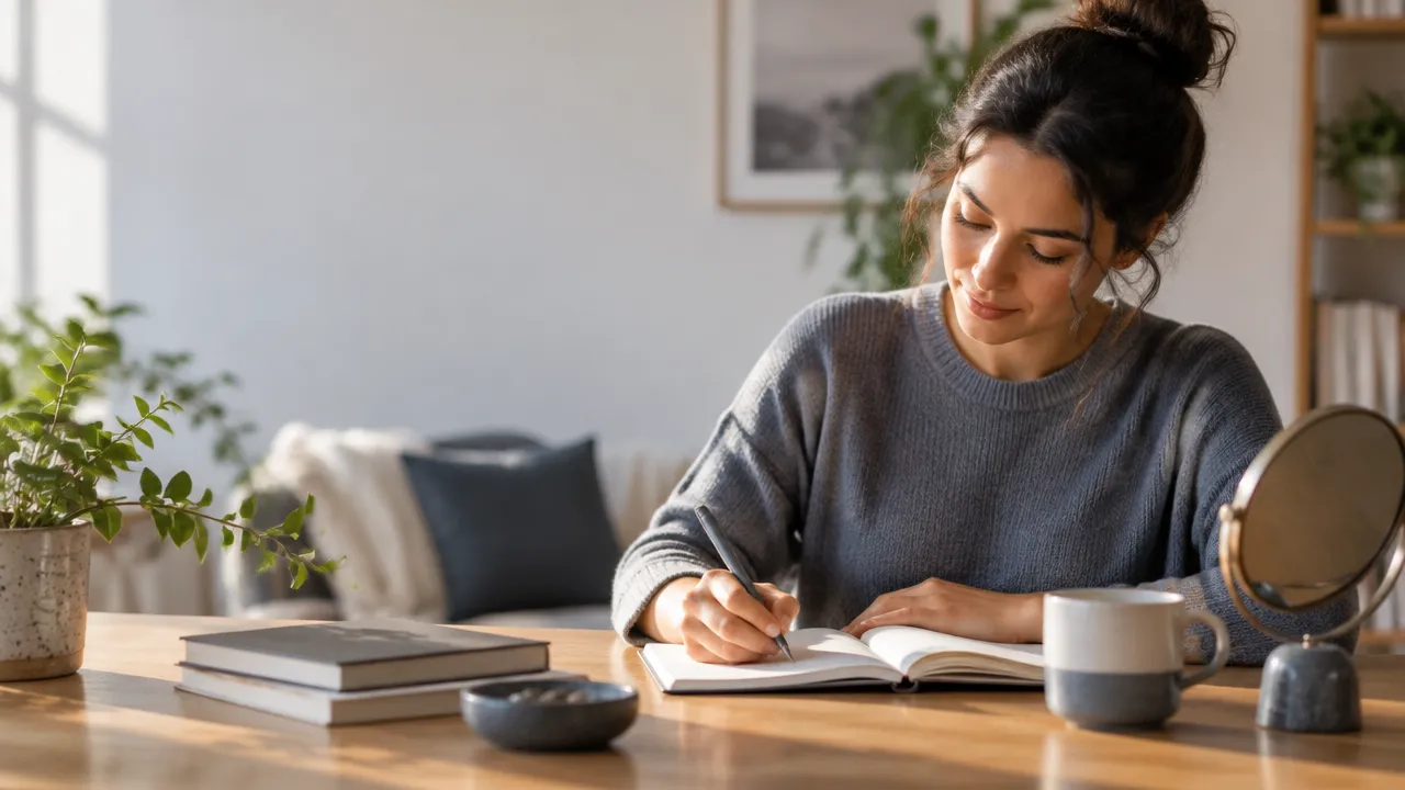 Pessoa registra em um caderno suas observações após um momento de reflexão, representando a investigação cuidadosa da experiência consciente.