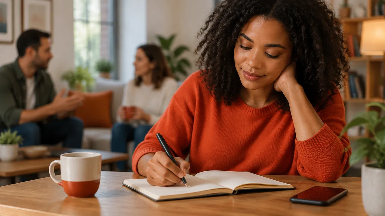 Pessoa registra em um caderno suas reações após uma conversa social, como exercício de auto-observação.