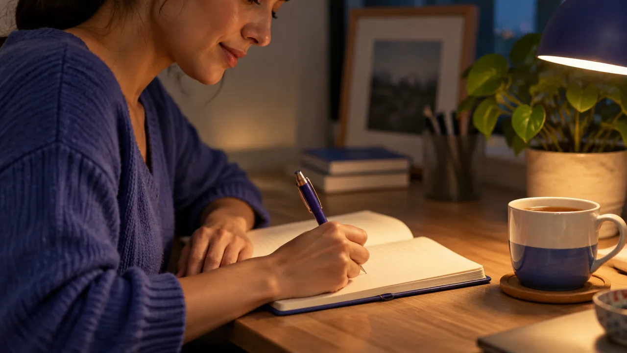 Pessoa registra em um caderno uma reflexão diária sobre emoções e reações