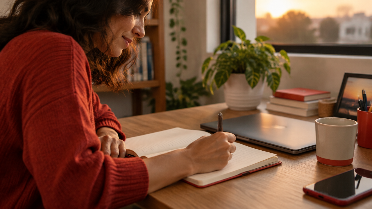 Pessoa registra em um caderno uma reflexão semanal sobre suas experiências no trabalho.