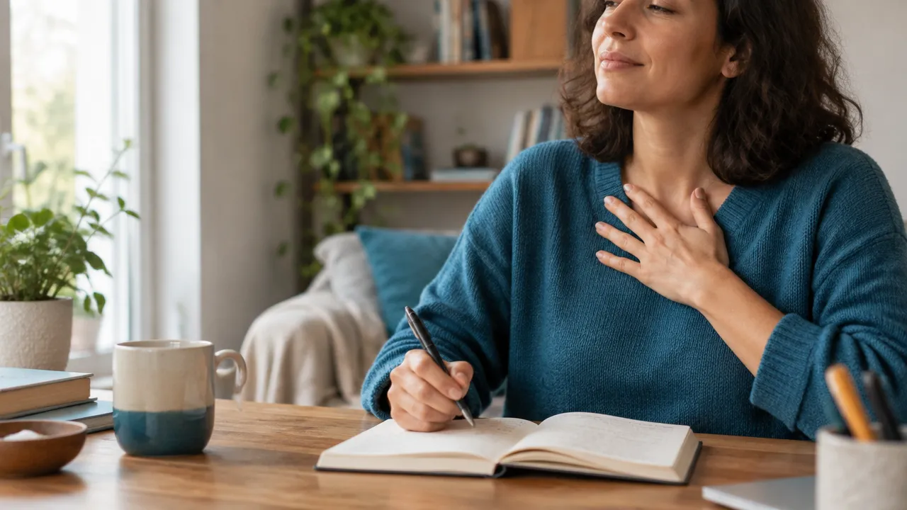 Pessoa registra emoções em um caderno e respira antes de agir durante uma pausa no trabalho.