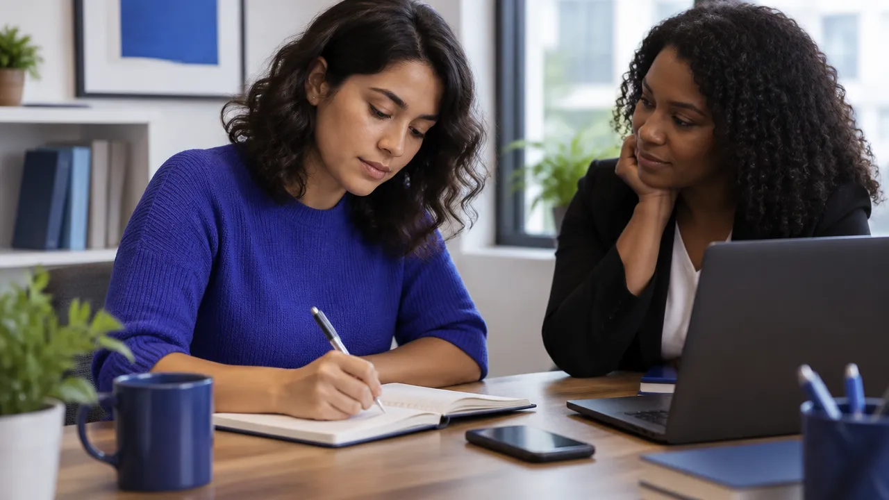 Pessoa registra fatos no caderno enquanto conversa com uma colega de confiança.