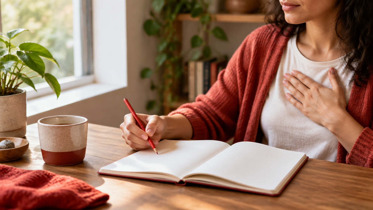 Pessoa registra no caderno as sensações corporais e emoções percebidas depois de meditar