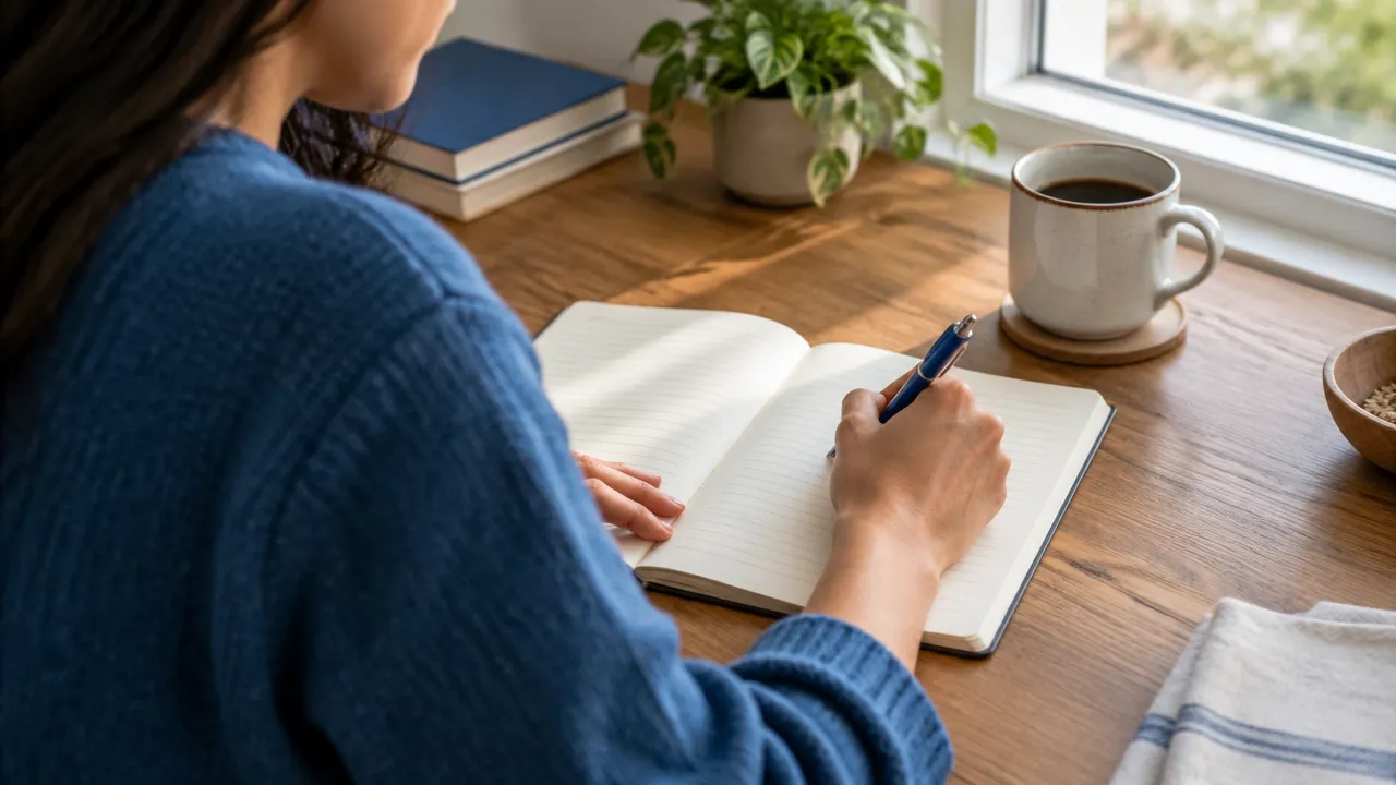 Pessoa registra no caderno suas observações após uma prática de reflexão consciente