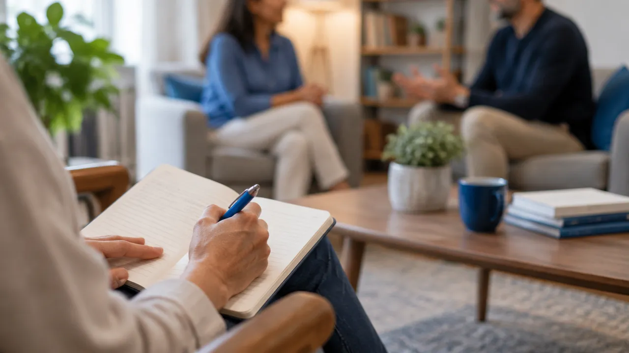 Pessoa registra observações num caderno enquanto conversa com outras pessoas, distinguindo percepção de interpretação.