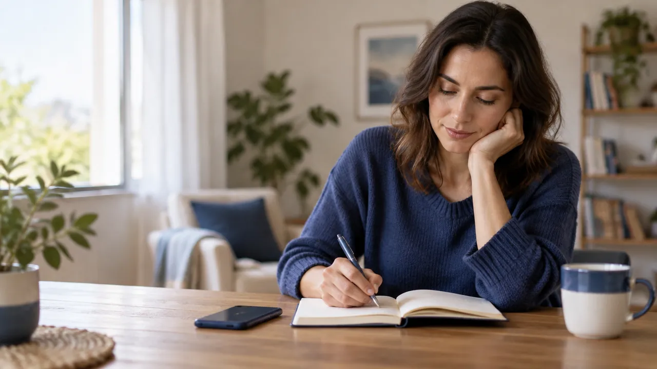 Pessoa registra pensamentos e emoções em um caderno para refletir antes de tirar conclusões