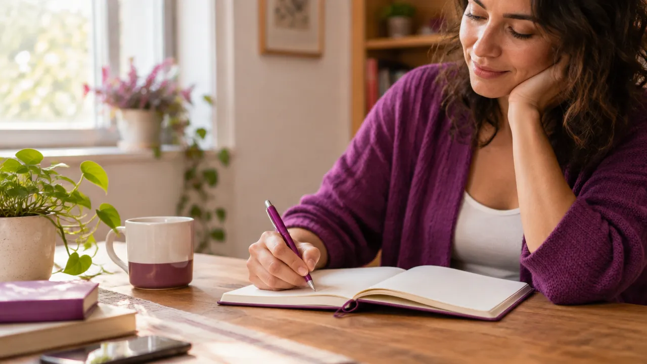 Pessoa registra pensamentos e qualidades pessoais em um caderno durante uma pausa de reflexão.