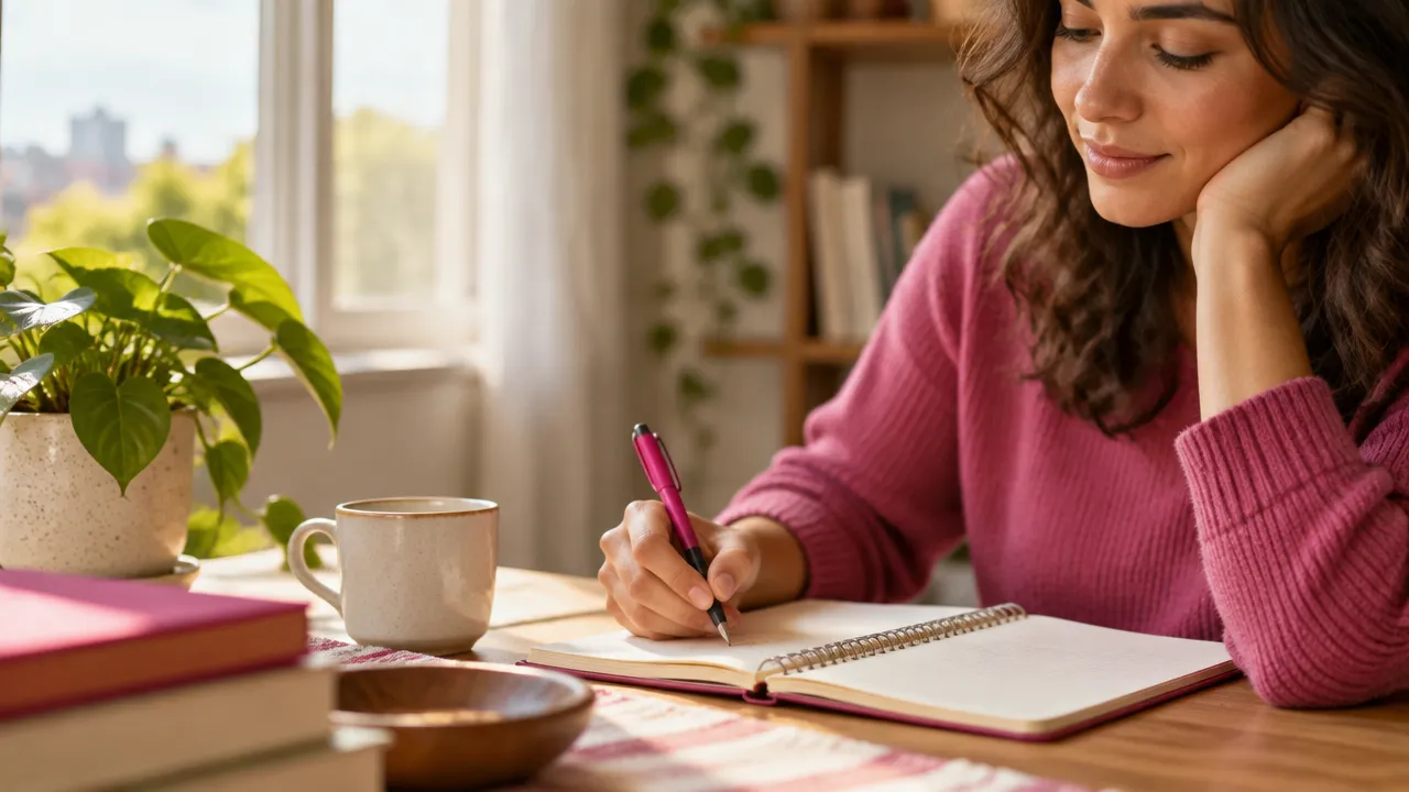 Pessoa registra pensamentos em um caderno durante uma pausa tranquila de autocuidado emocional