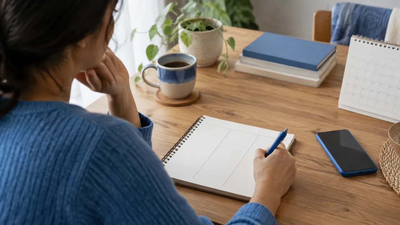Pessoa registra pensamentos em um caderno para analisar uma decisão cotidiana com mais consciência