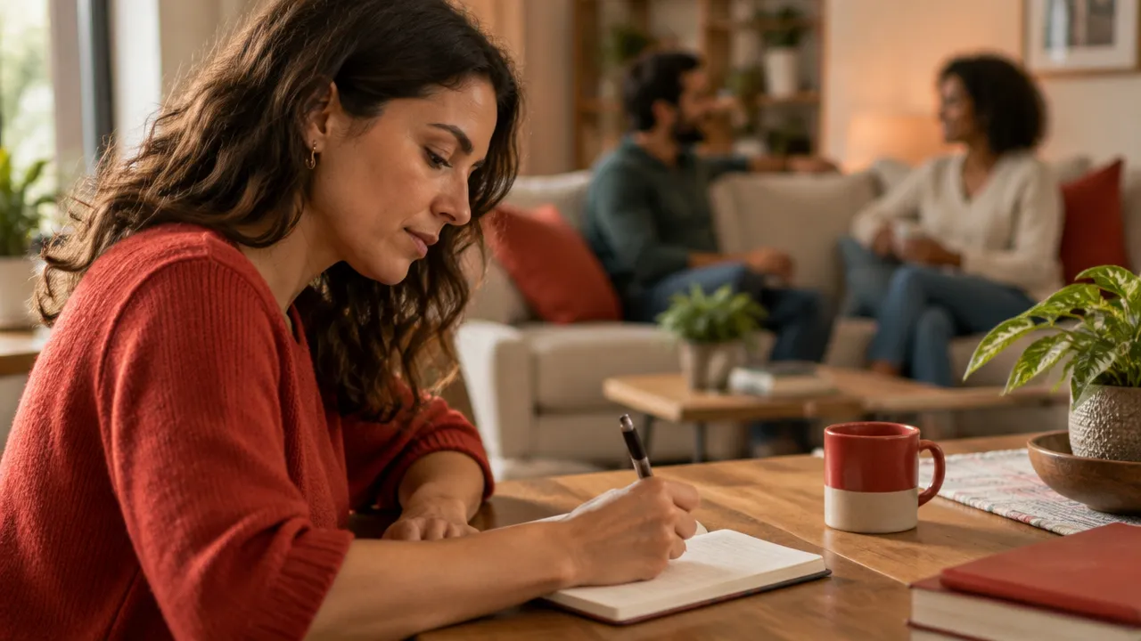 Pessoa registra pensamentos enquanto observa, ao fundo, duas pessoas em conversa tranquila
