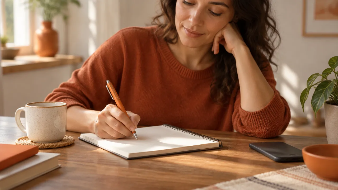 Pessoa registra perguntas sobre um pensamento automático em um caderno, fazendo uma pausa antes de reagir.